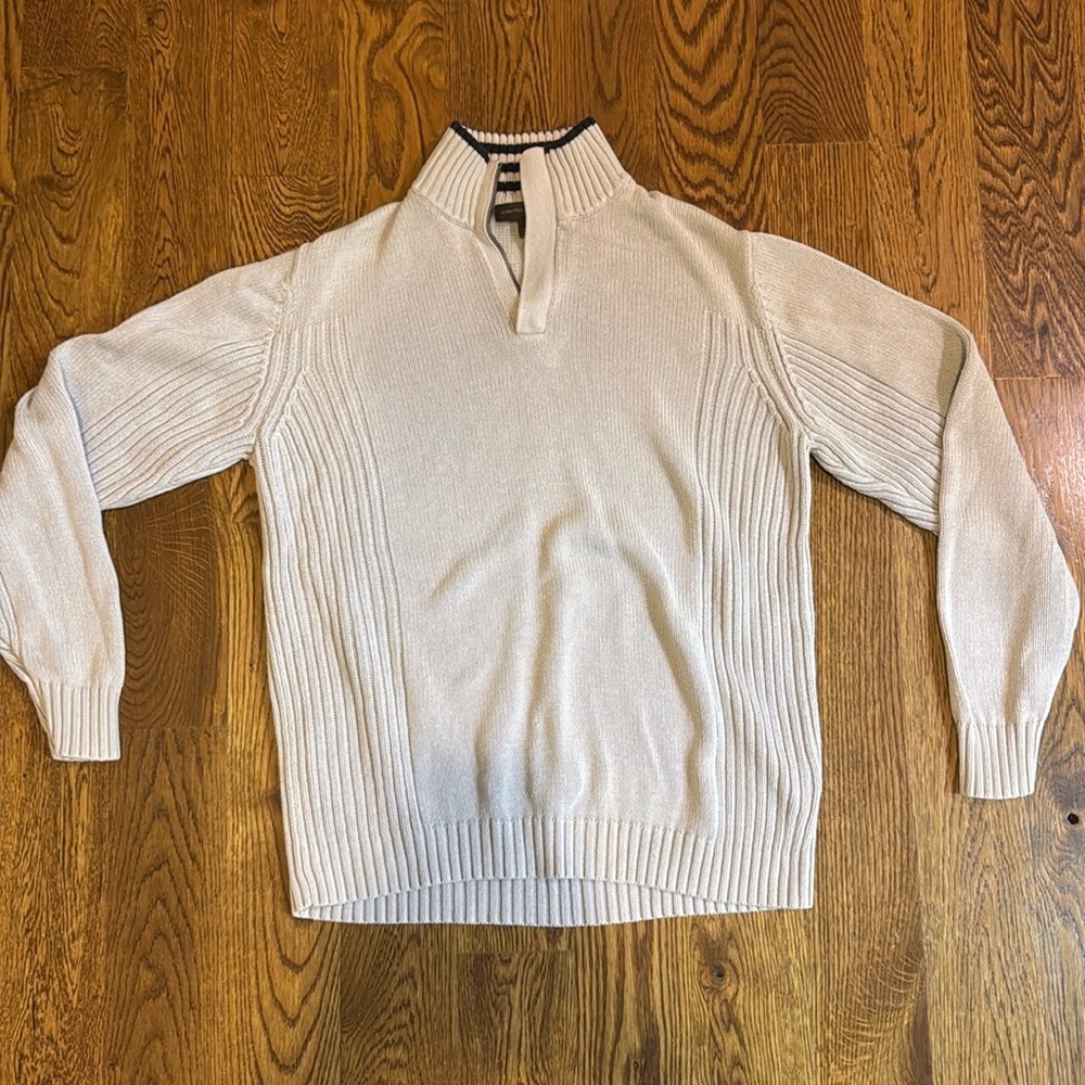 Sebastian Cooper Cream Quarter Zip Ribbed Knit Sweater